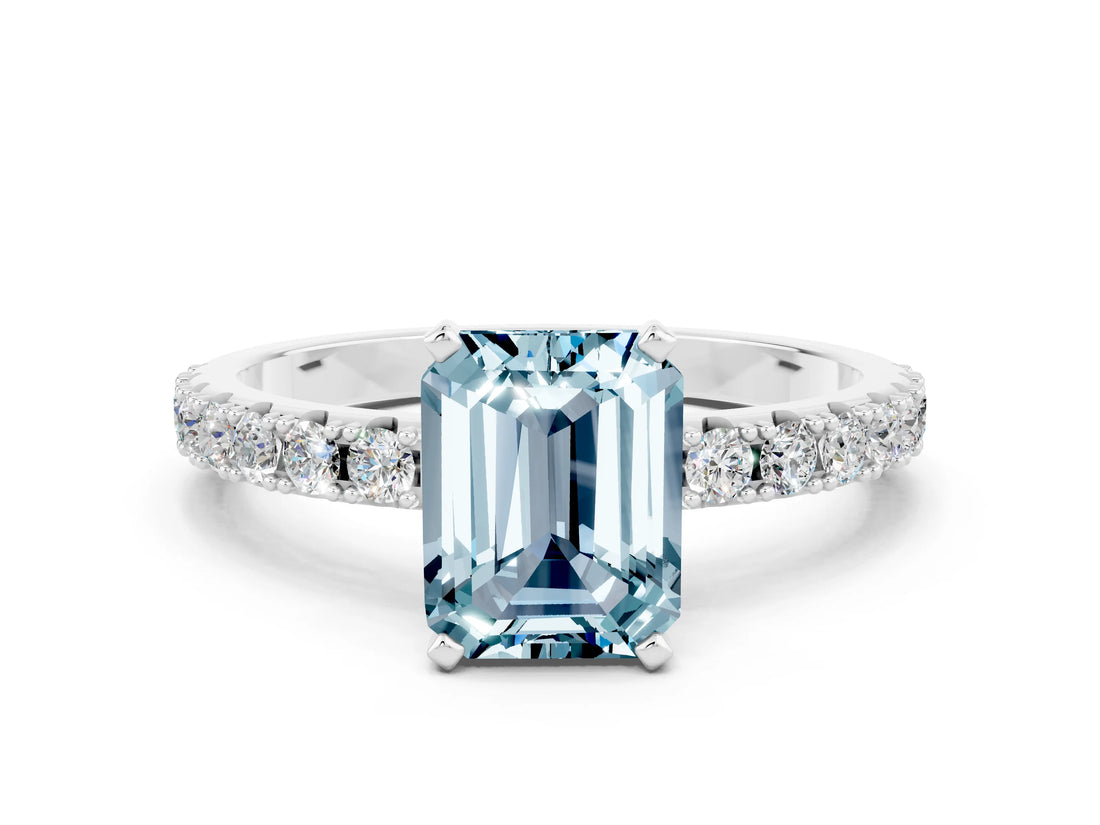 10K White Gold Aquamarine Solitaire Pavé Band with Four-Prong Setting