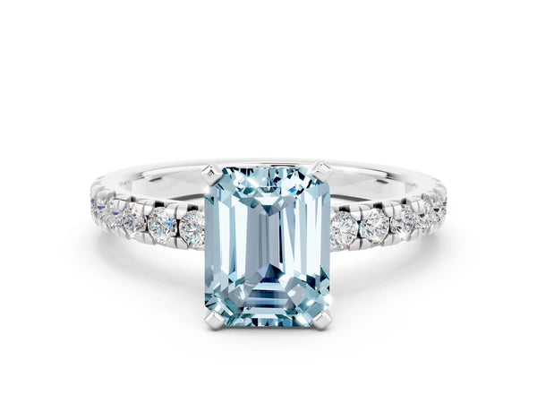 White gold Emerald Cut Aquamarine Solitaire Pavé Engagement Ring with Round Band and Prong Setting