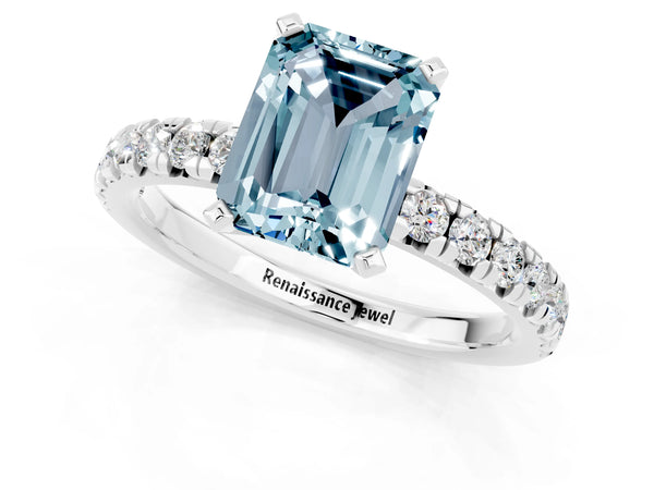 White gold Emerald Cut Aquamarine Solitaire Pavé Engagement Ring with Round Band and Prong Setting