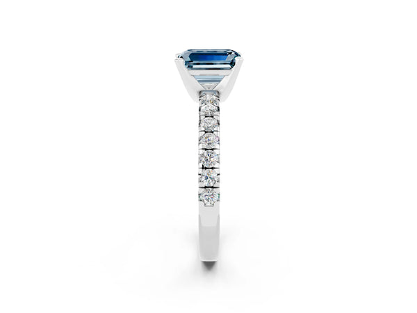 White gold Emerald Cut Aquamarine Solitaire Pavé Engagement Ring with Round Band and Prong Setting
