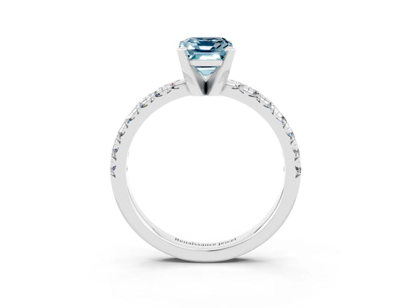 White gold Emerald Cut Aquamarine Solitaire Pavé Engagement Ring with Round Band and Prong Setting