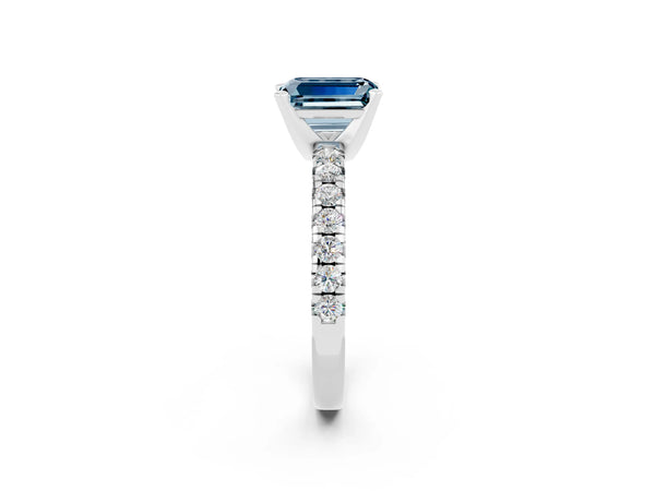 Platinum Emerald Cut Aquamarine Solitaire Pavé Engagement Ring with Round Band and Prong Setting