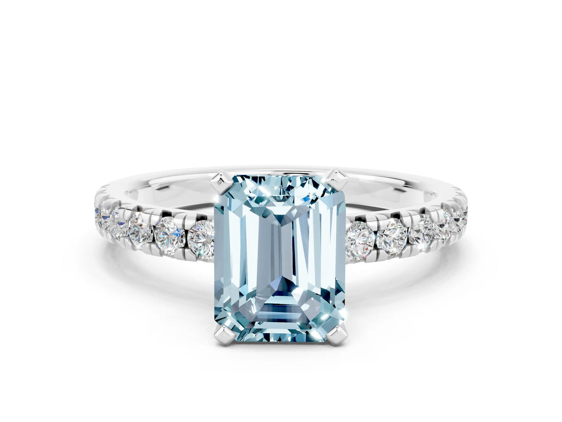White gold Emerald Cut Aquamarine Solitaire Pavé Engagement Ring with Round Band and Prong Setting_62