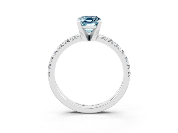 Silver Emerald Cut Aquamarine Solitaire Pavé Engagement Ring with Round Band and Prong Setting