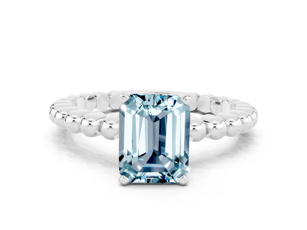 Platinum Emerald Cut Aquamarine Solitaire Ring with Beaded Band and Prong Setting