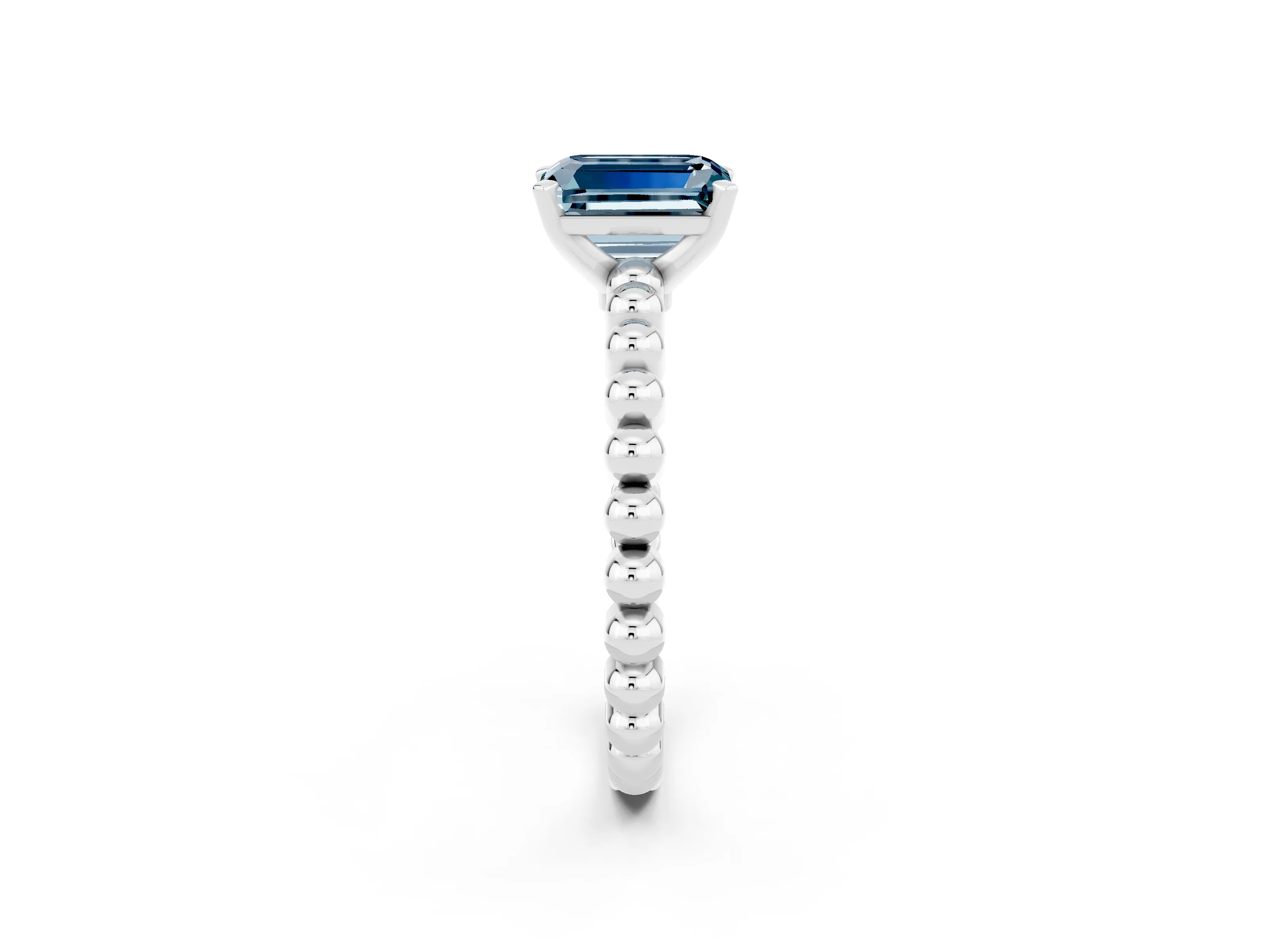 White gold Emerald Cut Aquamarine Solitaire Ring with Beaded Band and Prong Setting_14