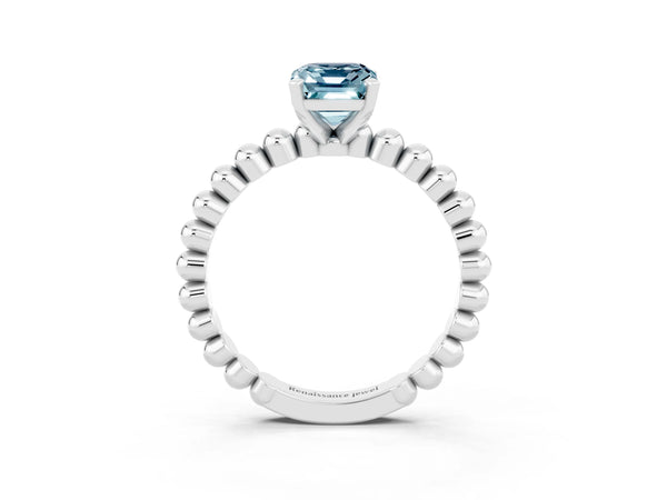 White gold Emerald Cut Aquamarine Solitaire Ring with Beaded Band and Prong Setting