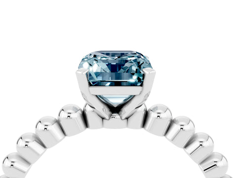 White gold Emerald Cut Aquamarine Solitaire Ring with Beaded Band and Prong Setting_16