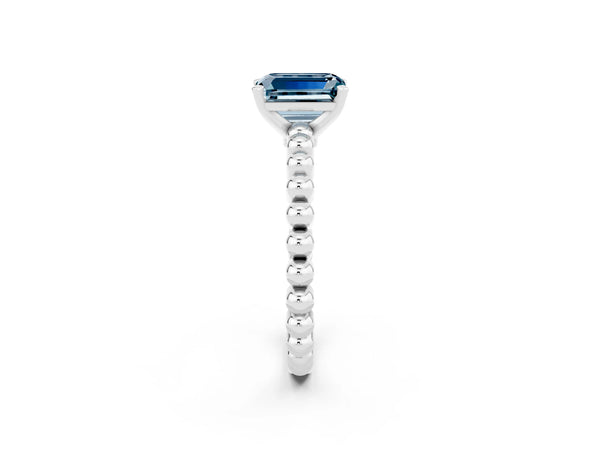 Platinum Emerald Cut Aquamarine Solitaire Ring with Beaded Band and Prong Setting