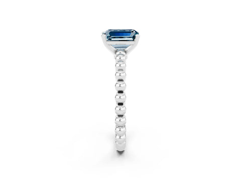White gold Emerald Cut Aquamarine Solitaire Ring with Beaded Band and Prong Setting_2