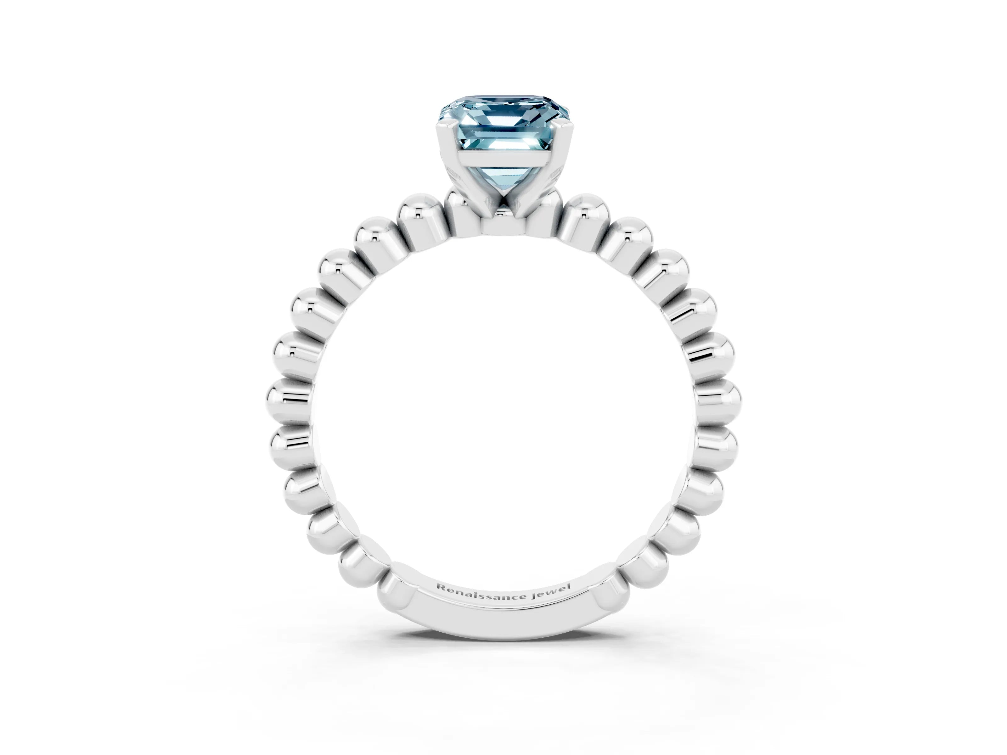 White gold Emerald Cut Aquamarine Solitaire Ring with Beaded Band and Prong Setting_3