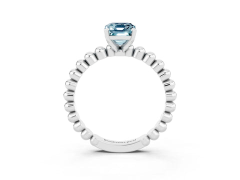 White gold Emerald Cut Aquamarine Solitaire Ring with Beaded Band and Prong Setting_3