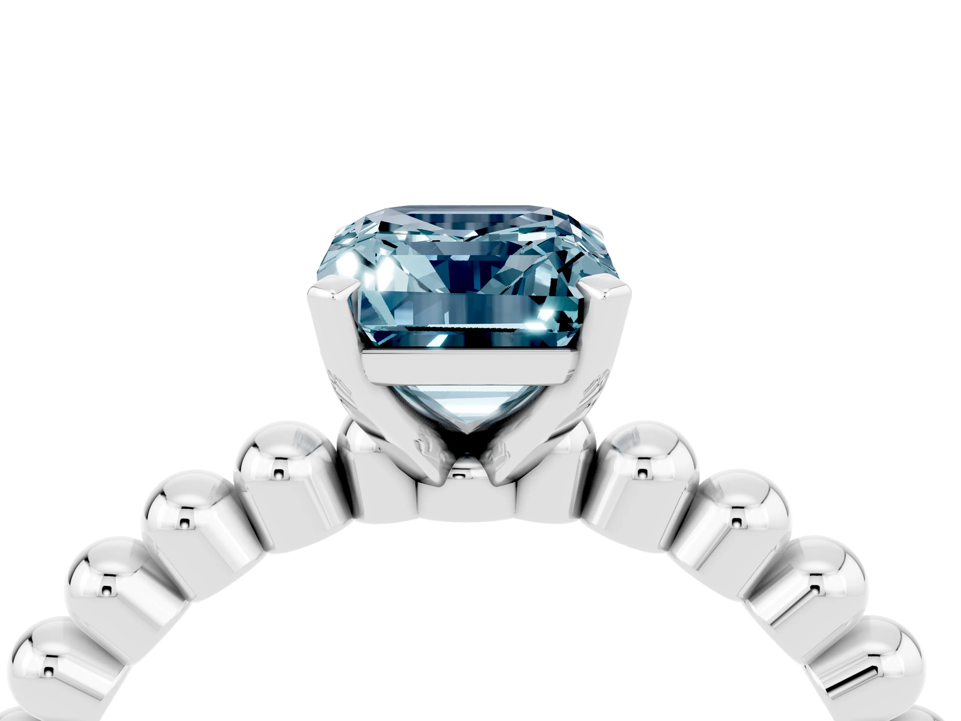 White gold Emerald Cut Aquamarine Solitaire Ring with Beaded Band and Prong Setting_4
