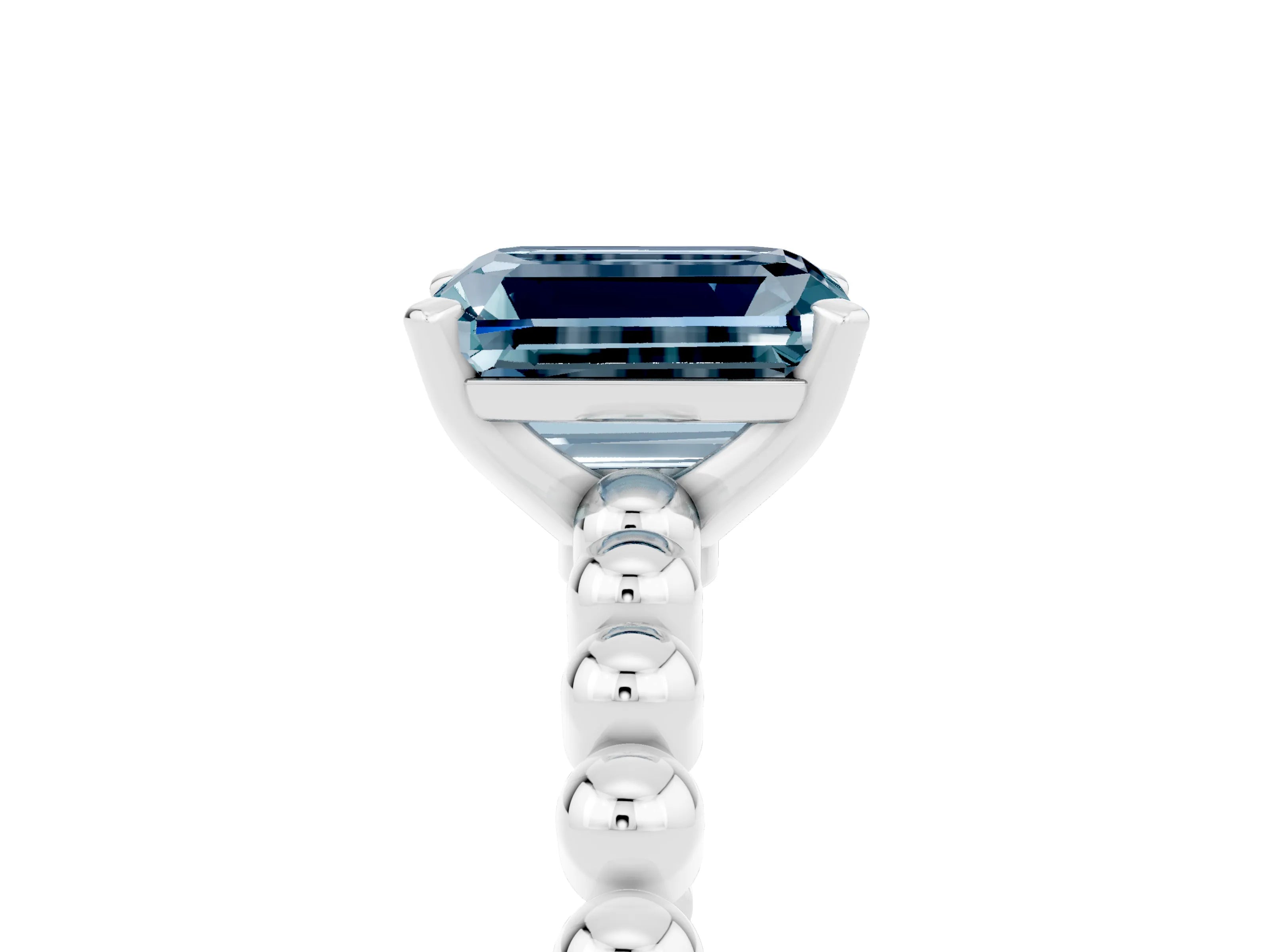 White gold Emerald Cut Aquamarine Solitaire Ring with Beaded Band and Prong Setting_5