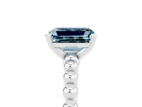 White gold Emerald Cut Aquamarine Solitaire Ring with Beaded Band and Prong Setting_5