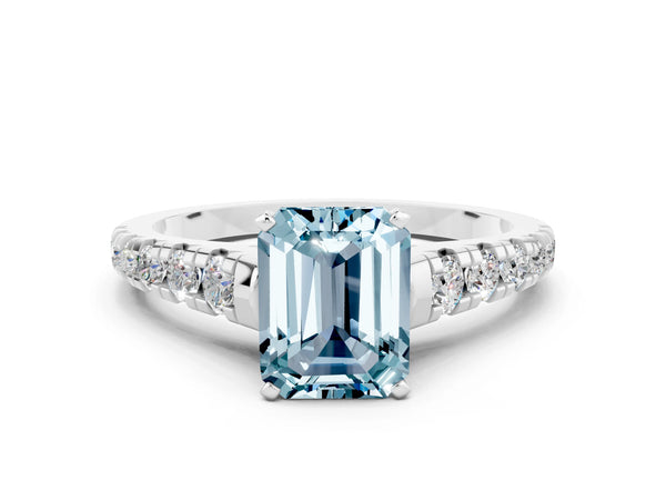 Platinum Emerald Cut Aquamarine Cathedral Solitaire Ring with Round  Pavé Band