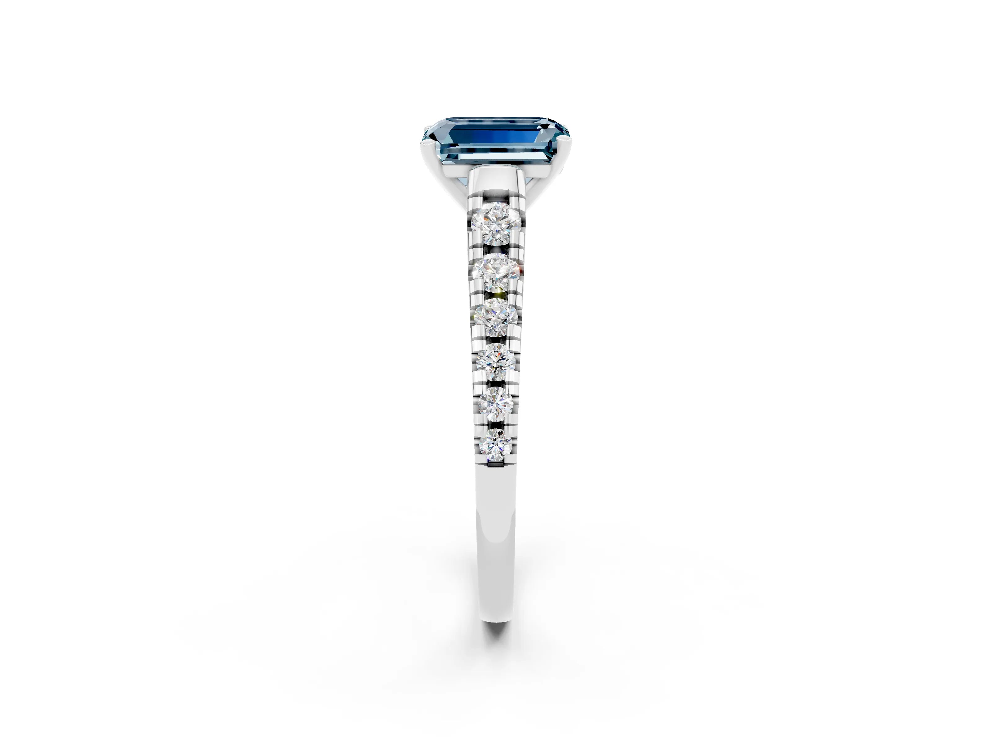 White gold Emerald Cut Aquamarine Solitaire Ring with Cathedral Setting and Pavé Band_2