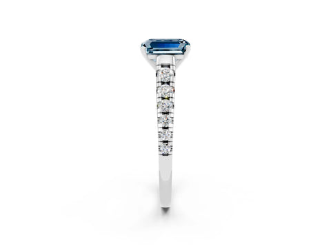 White gold Emerald Cut Aquamarine Solitaire Ring with Cathedral Setting and Pavé Band_2