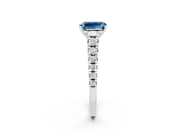 White gold Emerald Cut Aquamarine Cathedral Solitaire Ring with Round  Pavé Band