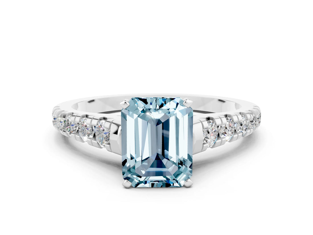 White gold Emerald Cut Aquamarine Solitaire Ring with Cathedral Setting and Pavé Band