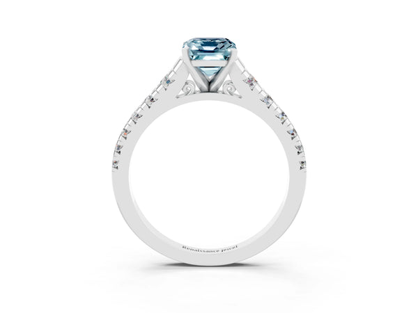White gold Emerald Cut Aquamarine Cathedral Solitaire Ring with Round  Pavé Band