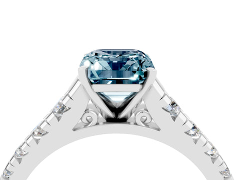 White gold Emerald Cut Aquamarine Solitaire Ring with Cathedral Setting and Pavé Band_4
