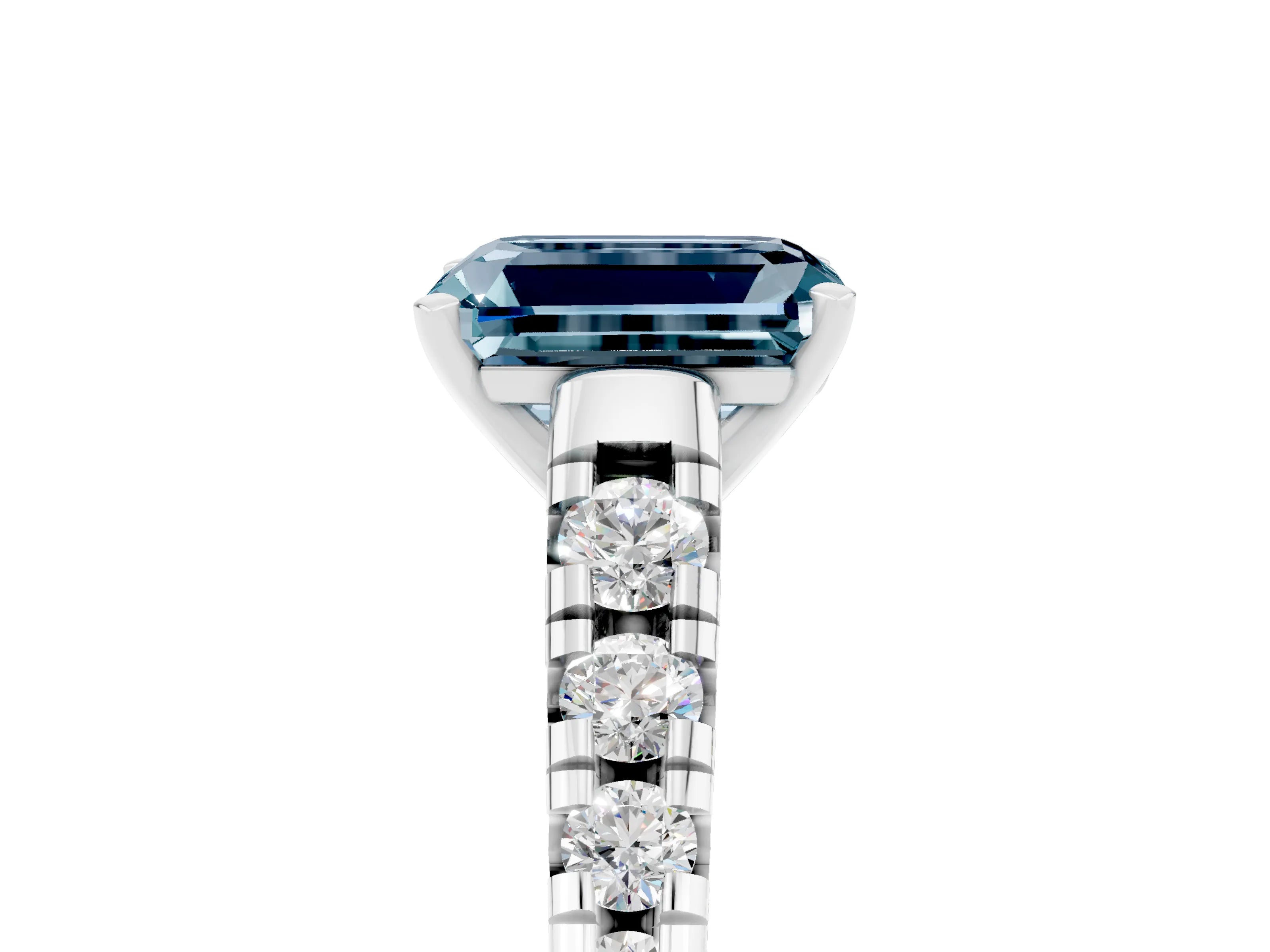 White gold Emerald Cut Aquamarine Solitaire Ring with Cathedral Setting and Pavé Band_5