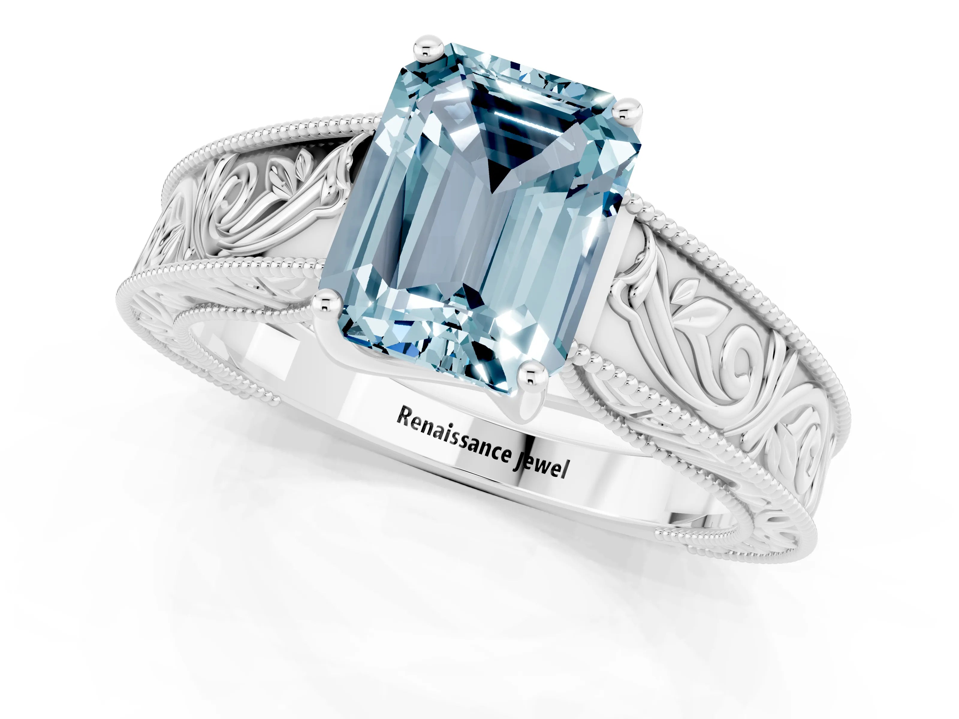 White gold Emerald Cut Aquamarine Solitaire Ring with Engraved Band and Four-Prong Setting_1