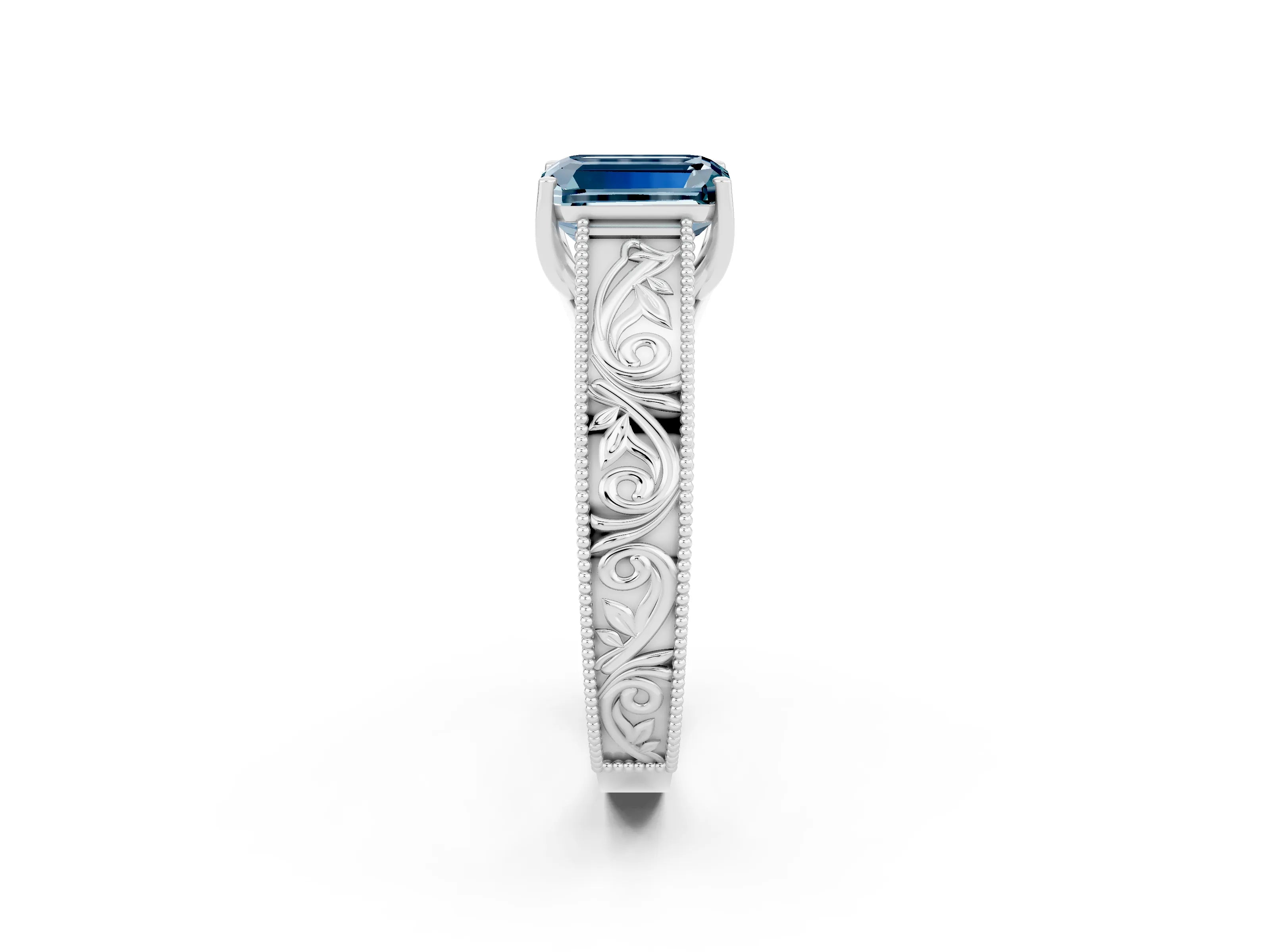 White gold Emerald Cut Aquamarine Solitaire Ring with Engraved Band and Four-Prong Setting_2