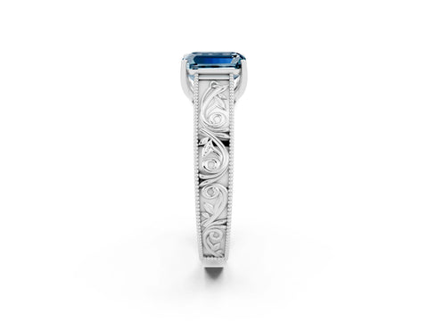 White gold Emerald Cut Aquamarine Solitaire Ring with Engraved Band and Four-Prong Setting_2
