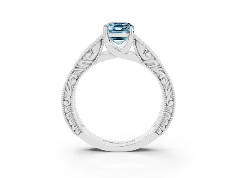 White gold Emerald Cut Aquamarine Solitaire Ring with Engraved Band and Four-Prong Setting_3