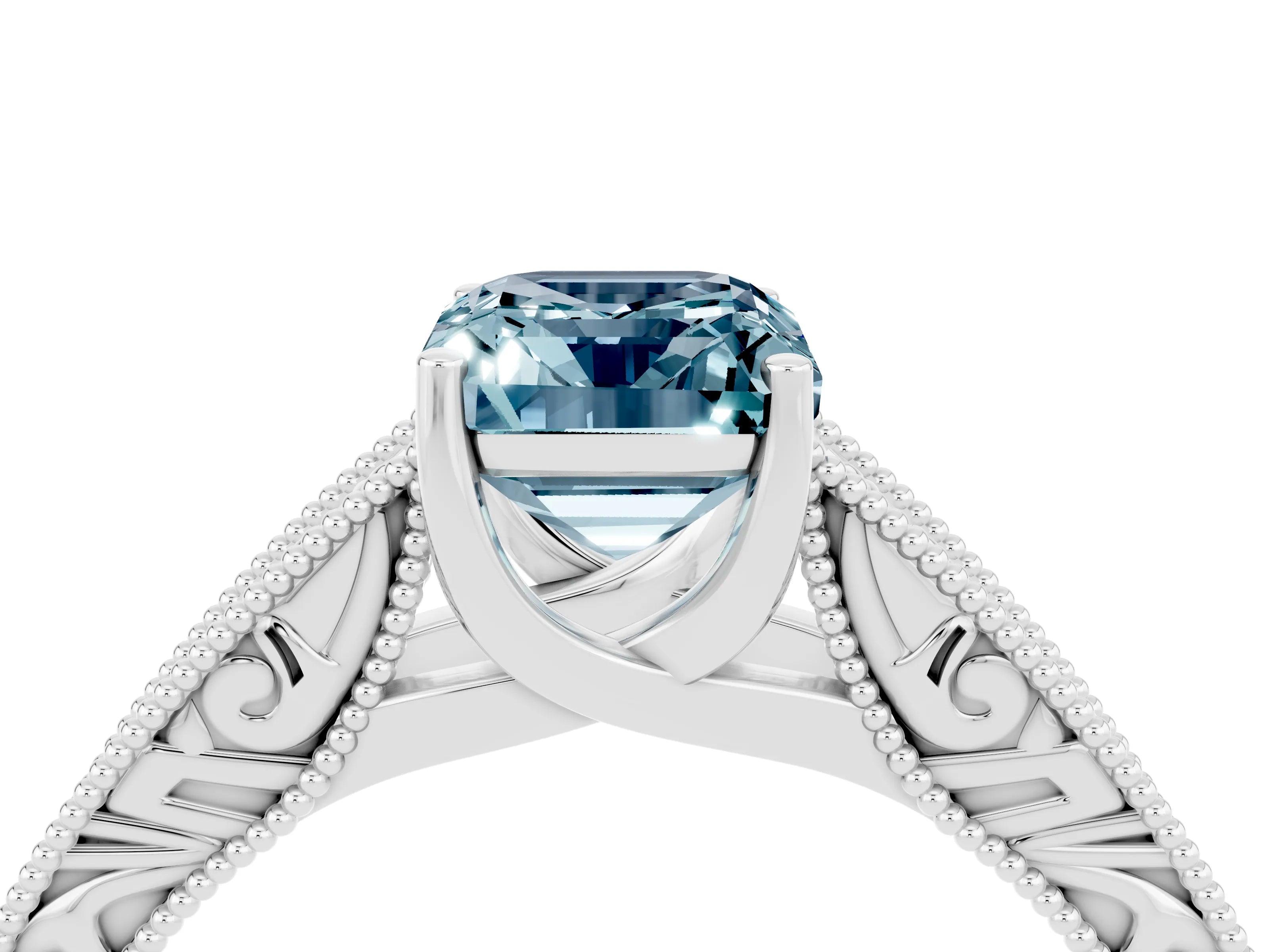 White gold Emerald Cut Aquamarine Solitaire Ring with Engraved Band and Four-Prong Setting_4