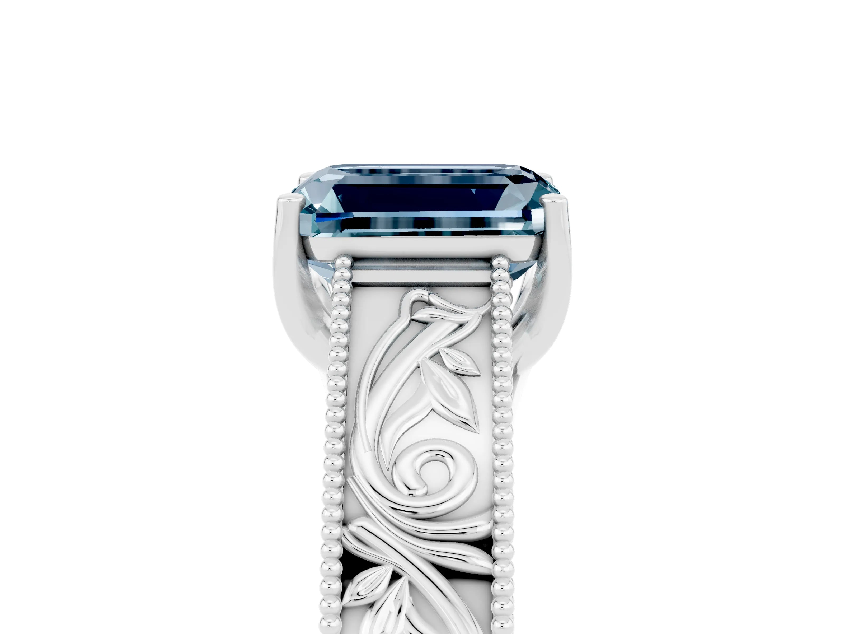 White gold Emerald Cut Aquamarine Solitaire Ring with Engraved Band and Four-Prong Setting_5