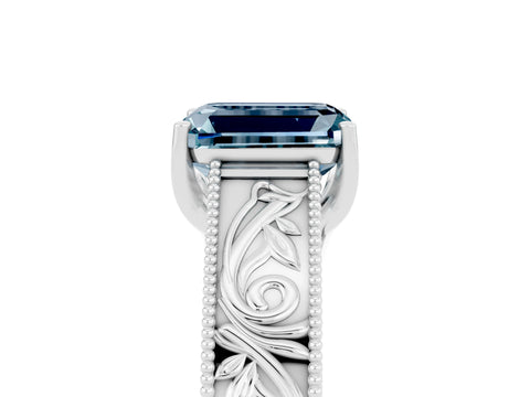 White gold Emerald Cut Aquamarine Solitaire Ring with Engraved Band and Four-Prong Setting_5