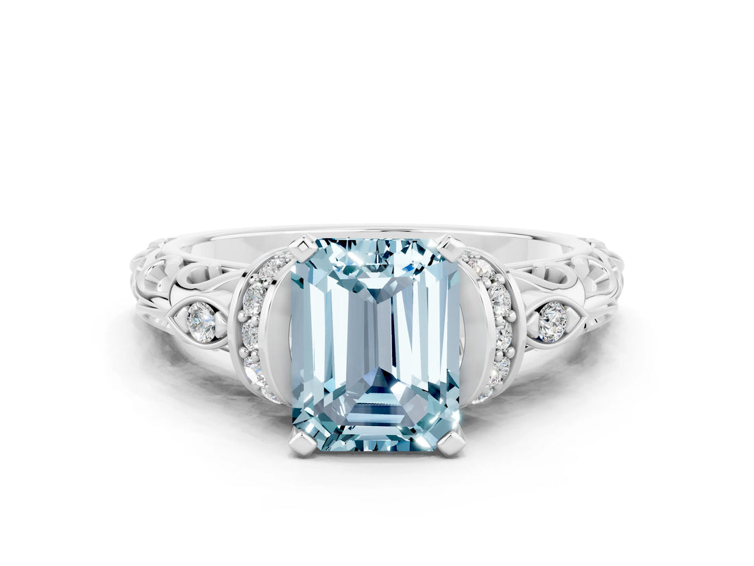 White gold Emerald Cut Aquamarine Solitaire Ring with Filigree Band and Four-Prong Setting_42