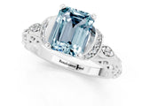 White gold Emerald Cut Aquamarine Solitaire Ring with Filigree Band and Four-Prong Setting_43