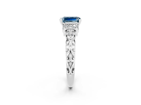 White gold Emerald Cut Aquamarine Solitaire Ring with Filigree Band and Four-Prong Setting