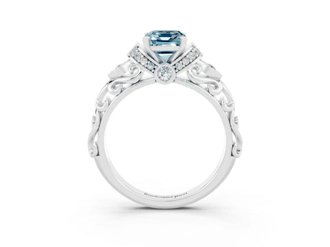 White gold Emerald Cut Aquamarine Solitaire Ring with Filigree Band and Four-Prong Setting_45