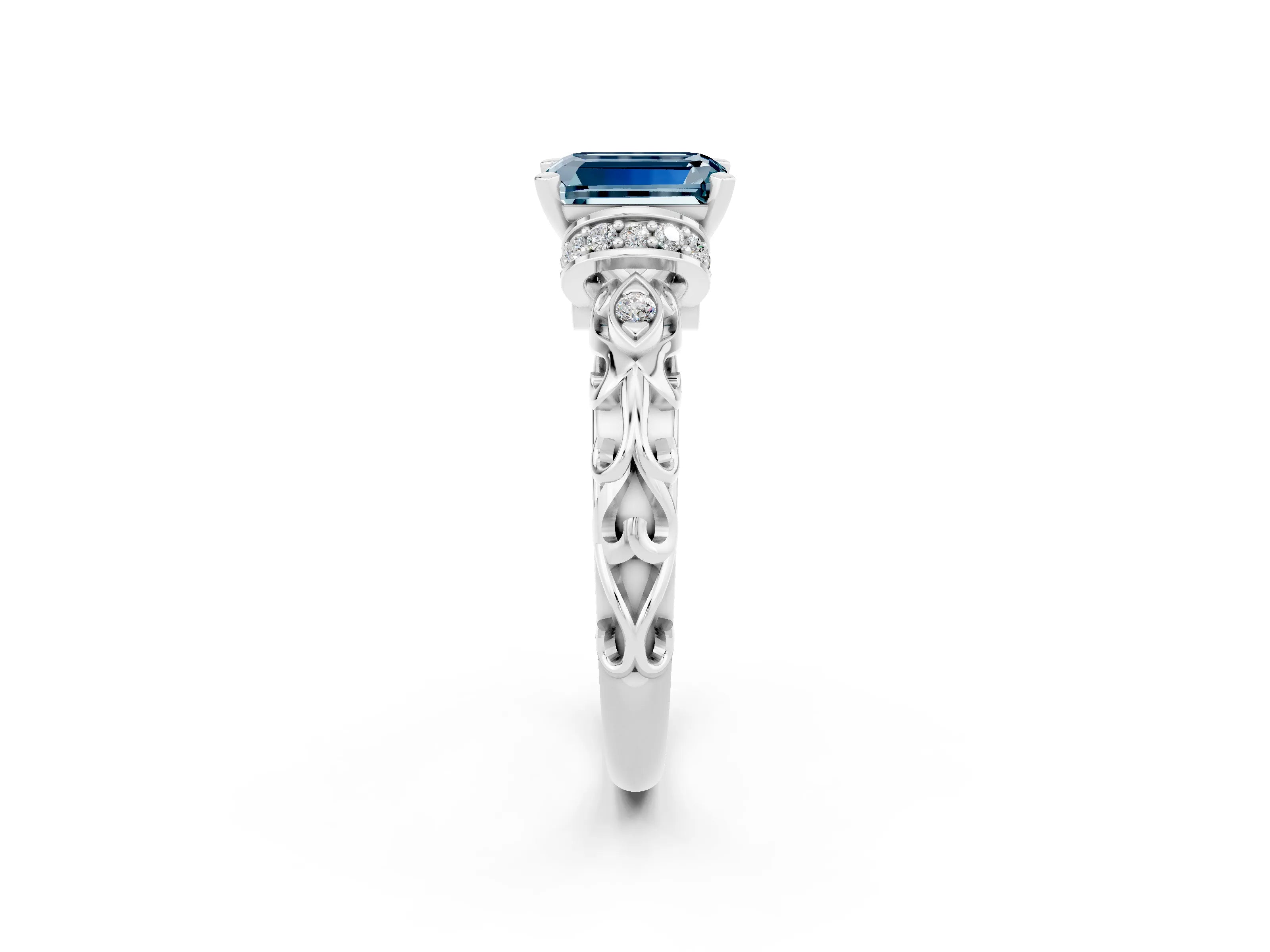 White gold Emerald Cut Aquamarine Solitaire Ring with Filigree Band and Four-Prong Setting_47
