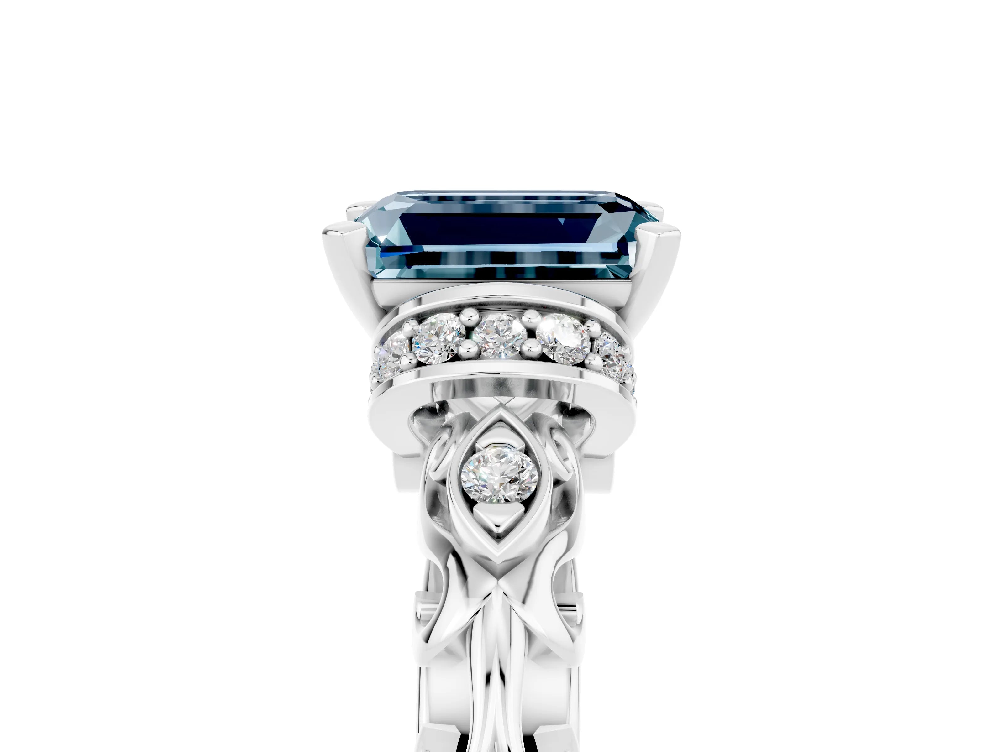 White gold Emerald Cut Aquamarine Solitaire Ring with Filigree Band and Four-Prong Setting_47