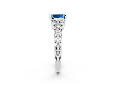 White gold Emerald Cut Aquamarine Solitaire Ring with Filigree Band and Four-Prong Setting_47