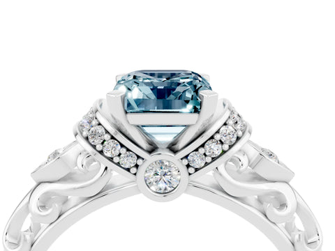 White gold Emerald Cut Aquamarine Solitaire Ring with Filigree Band and Four-Prong Setting_49