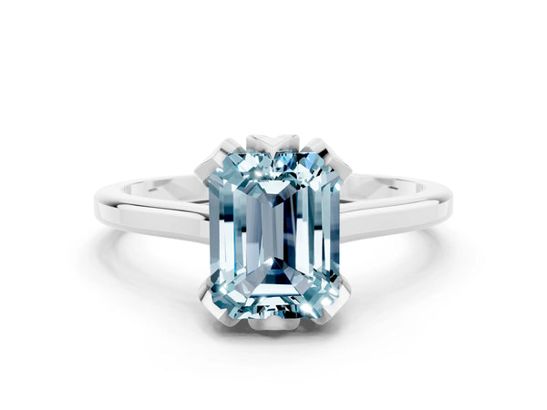 Platinum Emerald Cut Aquamarine Solitaire Ring with Flower Prong Setting and Classic Band