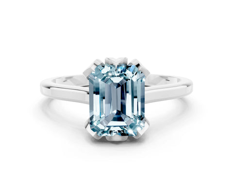 White gold Emerald Cut Aquamarine Solitaire Ring with Flower Prong Setting and Classic Band_12