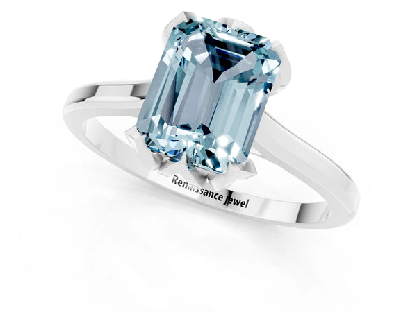 White gold Emerald Cut Aquamarine Solitaire Ring with Flower Prong Setting and Classic Band