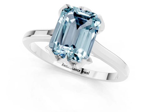White gold Emerald Cut Aquamarine Solitaire Ring with Flower Prong Setting and Classic Band_13