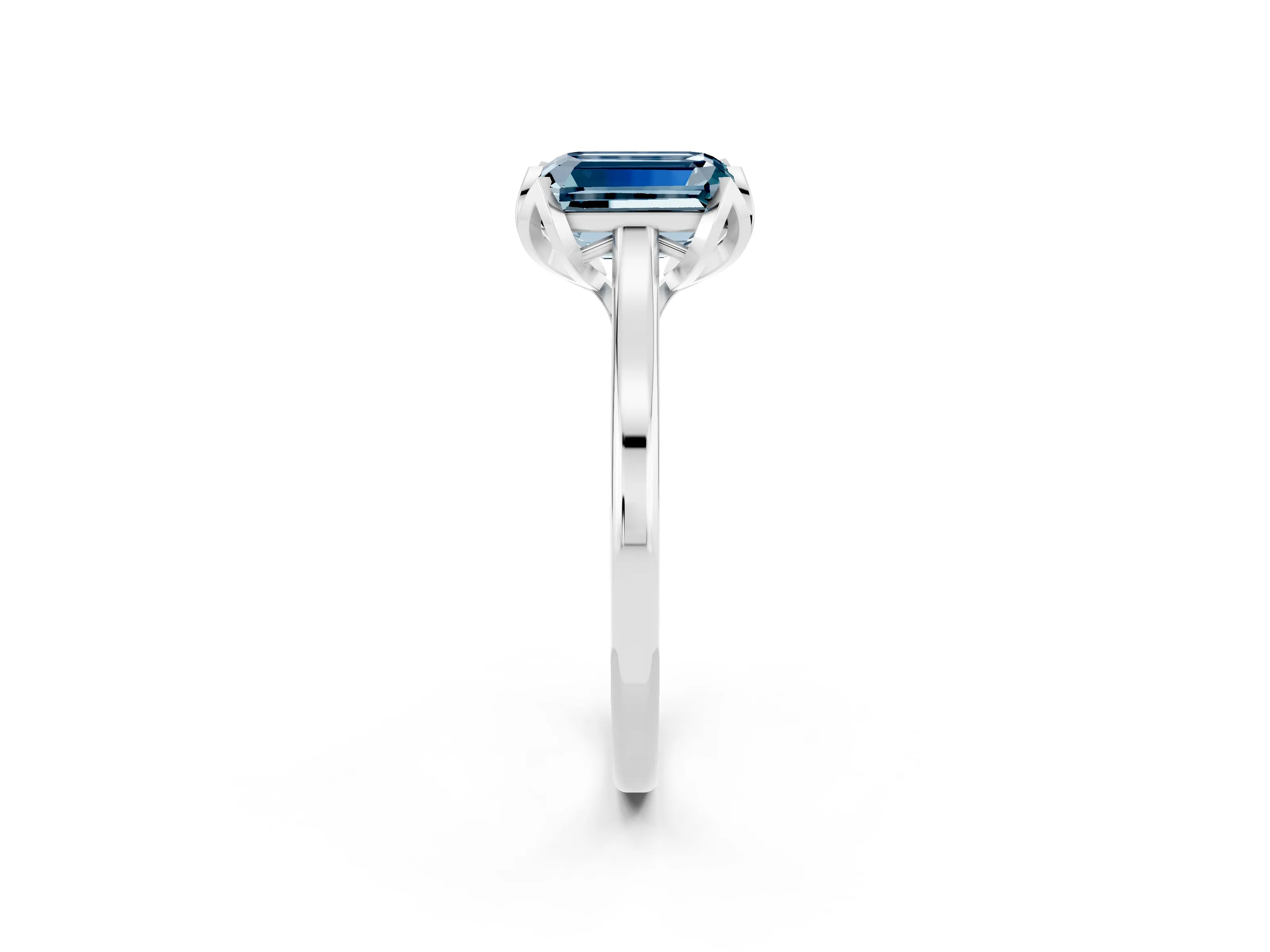 White gold Emerald Cut Aquamarine Solitaire Ring with Flower Prong Setting and Classic Band_14