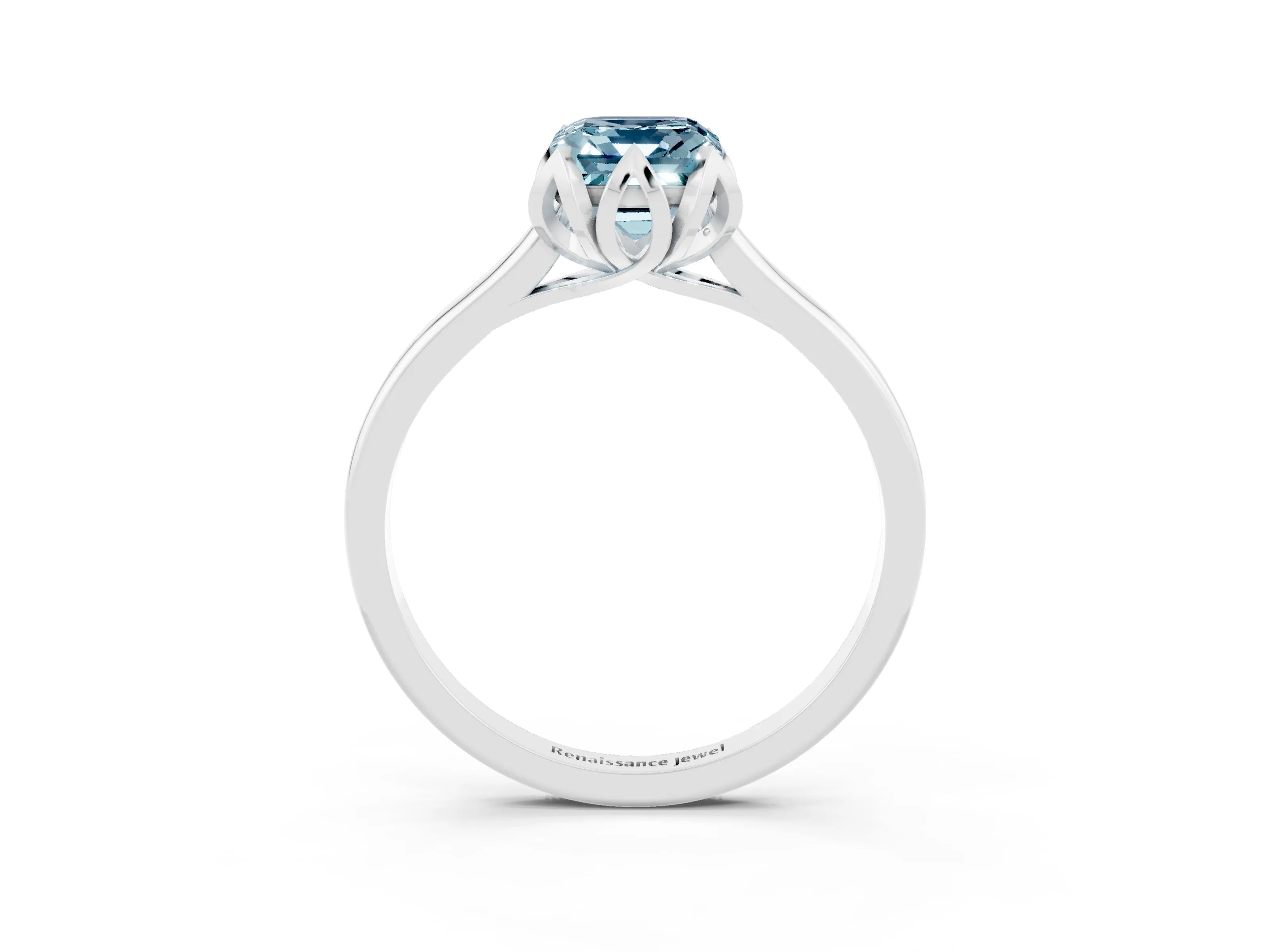 White gold Emerald Cut Aquamarine Solitaire Ring with Flower Prong Setting and Classic Band_15