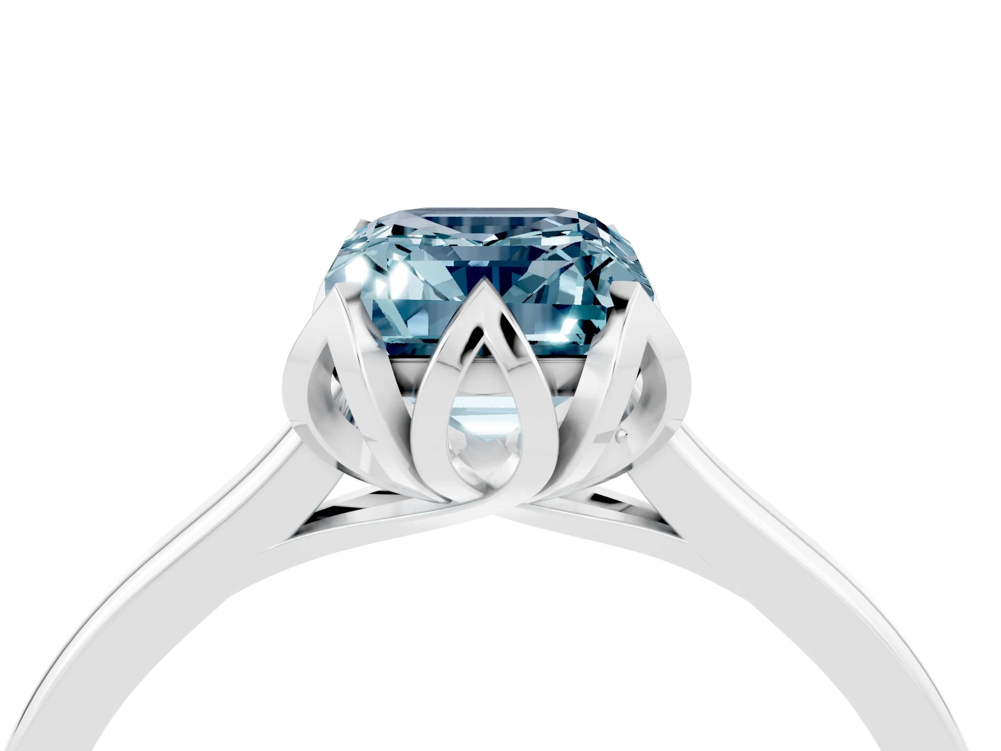 White gold Emerald Cut Aquamarine Solitaire Ring with Flower Prong Setting and Classic Band_16