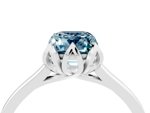 White gold Emerald Cut Aquamarine Solitaire Ring with Flower Prong Setting and Classic Band_16